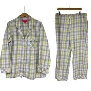 Victoria’s Secret Plaid Flannel Pajama Set Gray Yellow Green Womens XL Long
